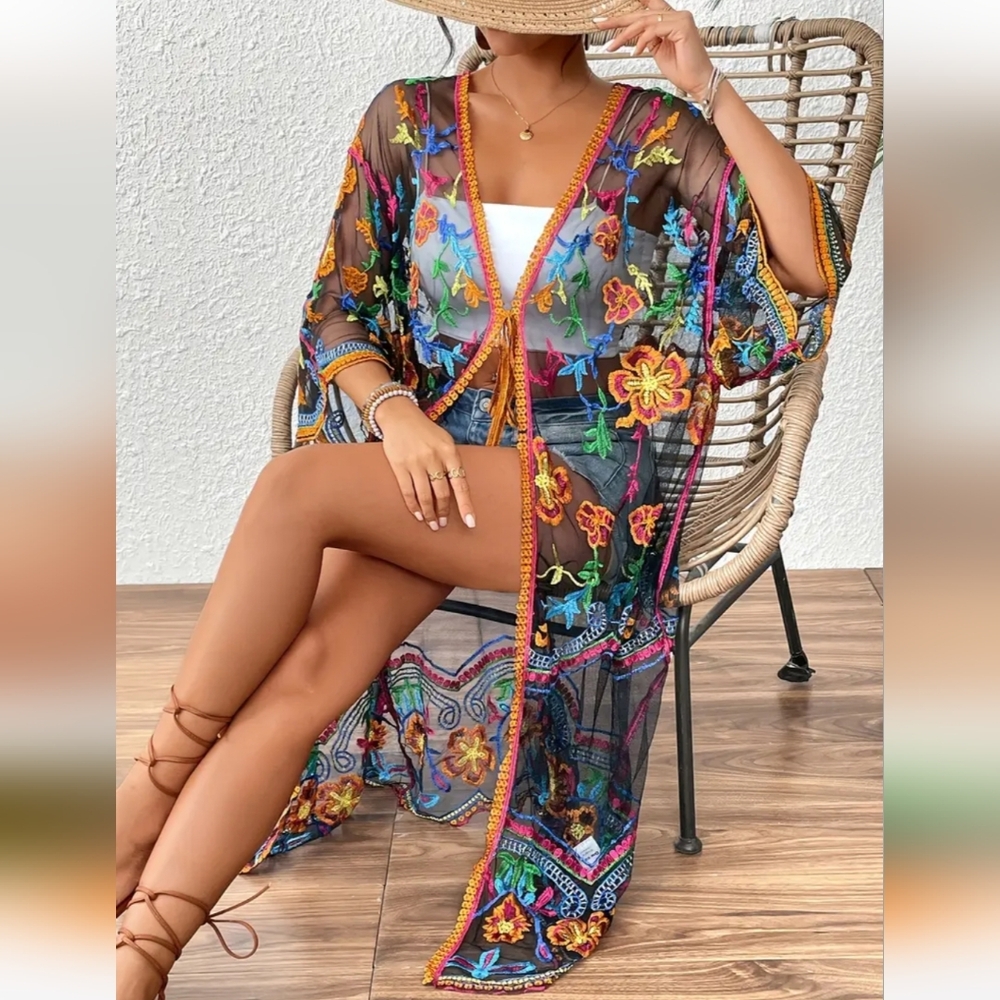 Bohemian Style Long Sleeve Embroidered Mesh Kimono, Mixed Colors Navy OSFM - Picture 4 of 9